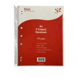 Stat Notebook A4 5 Subject 60Gsm 7mm Ruling Board Cover Red 250Pg Pkt 5