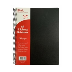 Stat Notebook A4 5 Subject 60Gsm 7mm Ruling Pp Cover Black 250Pg Pkt 5