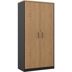 OM Premier Stationery Cupboard 900W x 450D x 1800mmH Regal Walnut And Charcoal 