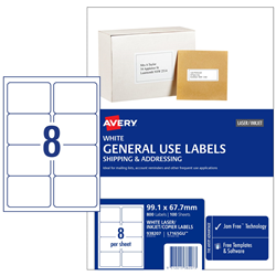 Avery Laser Inkjet Copier Label White L7165 99.1x67.7mm 8UP 800 Labels 100 Sheets