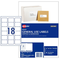 Avery Laser Inkjet Copier Label White L7161 63.5x46.6mm 18UP 1800 Labels 100 Sheets