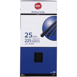 GBC Plastic Binding Comb 25mm 21 Loop 225 Sheets Capacity Black Pack Of 20