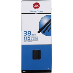 GBC Plastic Binding Comb 38mm 21 Loop 330 Sheets Capacity Black Pack Of 20