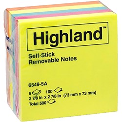 Highland Stick On Notes Coloured 6549-5A 100 Sheets 76x76mm Asstd Pkt 5