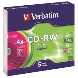 Verbatim Recordable CD-RW 80Min 700MB 2-4X Slim Case Assorted Colours Pack Of 5