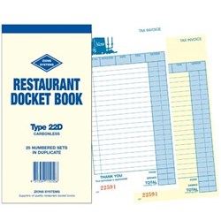 Zions 22D Restaurant Docket Book Carbonless Duplicate  200x100mm 50 Sets