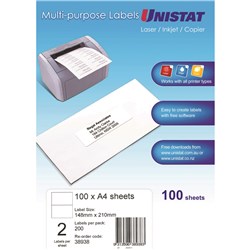 Unistat Laser Copier & Inkjet Labels 148x210mm 2UP 200 Labels 100 Sheets