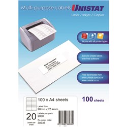 Unistat Laser Copier & Inkjet Labels 98x25.4mm 20UP 2000 labels 100 sheets