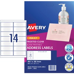 Avery Frosted Clear Inkjet Address Labels J8563 99.1x38.1mm 14UP 350 Labels