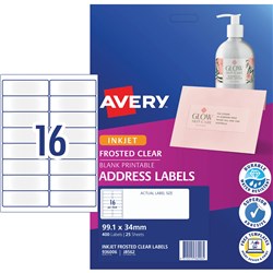 Avery Quick Peel Address Laser Inkjet Labels J8562 99.1x24mm Frosted Clear Pack of 25 (400)