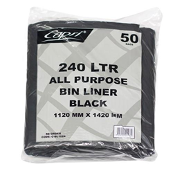 Bin Liners Flat Pack Black 240 Litres Pkt 25