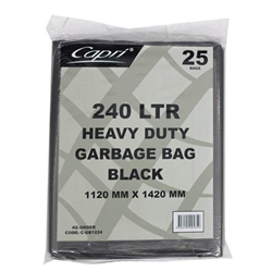 Garbage Bin Liners Flat Pack Heavy Duty Black 240 Litres Pkt 25